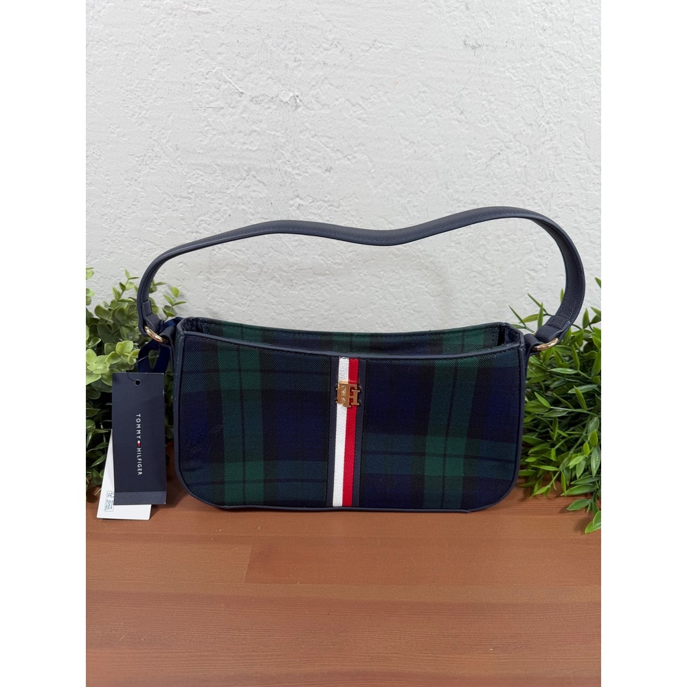 Tommy Hilfiger Women Black Plaid Green Blue Shoulder Bag